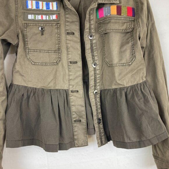 Anthropologie Sz XS Army Green Military Shirt Jacket Beaded Patches Button Down - Picture 3 of 9